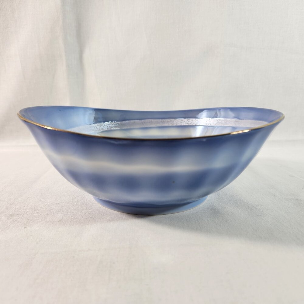 Japanese Ceramic Swirl Bowl Blue White Elongated Edge * Footed Shiny Inner Base - Picture 6 of 16